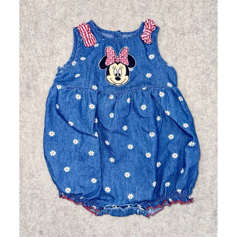 Disney Girls Minnie Mouse  6-9 Month Denim Romper Snaps 100% Cotton